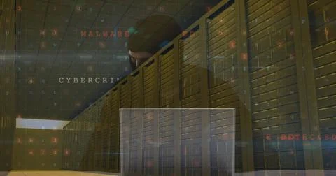 Image of data processing over caucasian male hacker and computer servers Foto stock