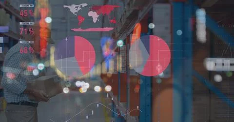 Image of data processing over caucasian male worker in warehouse Stockfoto's
