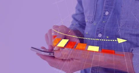Image of data processing over caucasian man using smartphone Stock Photos