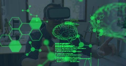 Image of data processing over caucasian man using vr headset 스톡 사진