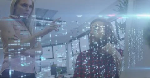 Image of data processing over caucasian business people using computer in office Stock Photos