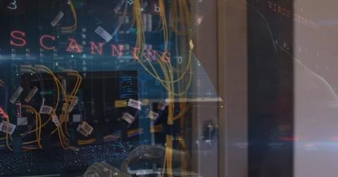 Image of data processing over caucasian female worker in server room 写真素材