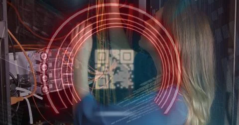 Image of data processing over caucasian female worker in server room 写真素材