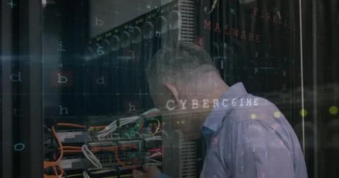Image of data processing over caucasian male worker in server room 写真素材