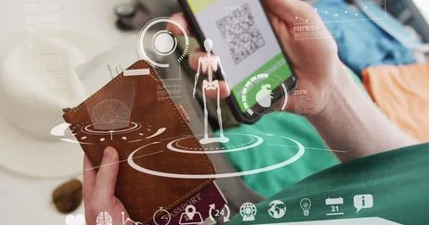 Image of data processing over caucasian man using smartphone Stockfoto's