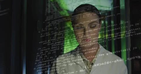 Image of data processing over caucasian female worker in server room 스톡 사진