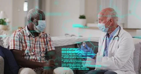 Image of data processing over caucasian male doctor with african american Foto stock