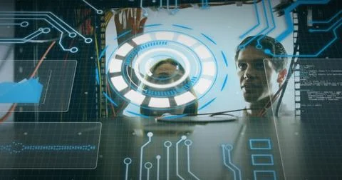 Image of data processing over caucasian man checking computer wires Foto stock