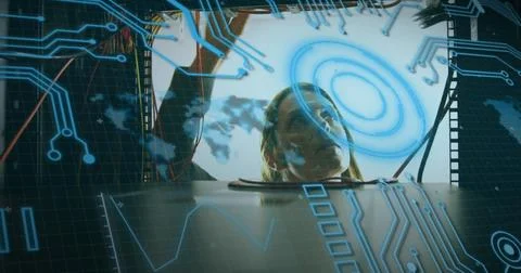 Image of data processing over caucasian man checking computer wires Foto stock