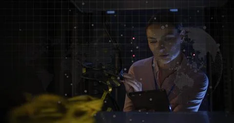 Image of data processing over caucasian female worker in server room Stockfoto's