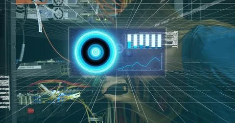 Image of data processing over caucasian server room female worker Stockfoto's