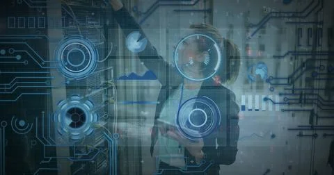 Image of data processing over caucasian female server room worker Stockfoto's