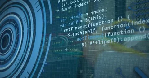 Image of data processing over caucasian server room worker Stockfoto's
