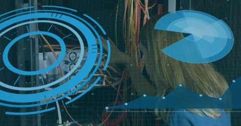 Image of data processing over caucasian woman checking servers Stockfoto's
