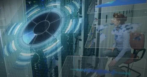 Image of data processing over caucasian woman checking servers Foto stock