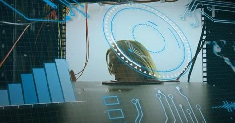 Image of data processing over caucasian woman checking servers Stockfoto's