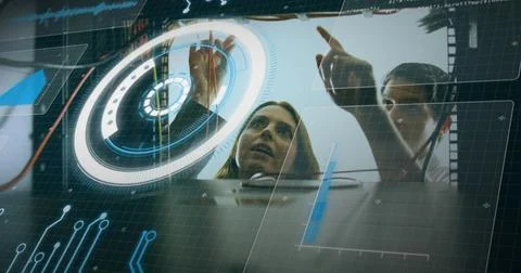 Image of data processing over caucasian man and woman checking servers Stock Photos