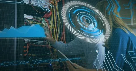 Image of data processing over caucasian male and female engineers working at Stockfoto's