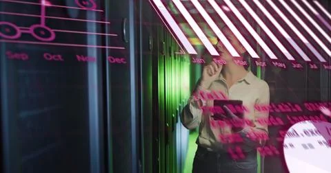 Image of data processing over caucasian female it technician by computer server 写真素材