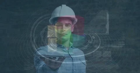 Image of data processing over caucasian engineering Stock Photos
