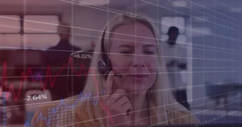 Image of data processing over caucasian businesswoman using phone headset Stock Photos