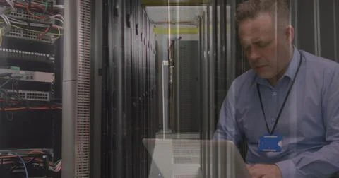 Image of data processing over caucasian server room worker Stock Photos