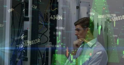 Image of data processing over caucasian server room worker Stock Photos