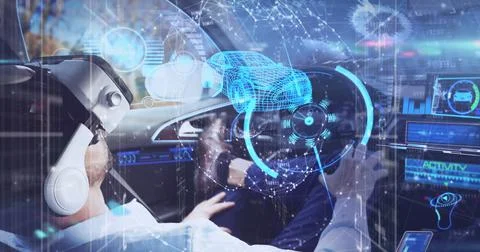 Image of data processing over caucasian man wearing vr headset sitting in car Foto stock