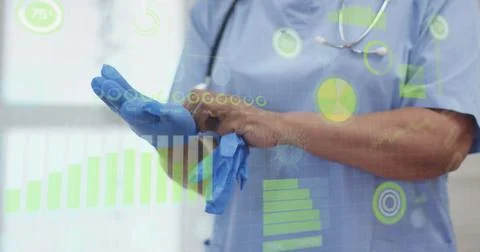Image of data processing over caucasian female doctor with gloves 写真素材