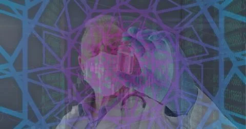 Image of data processing over caucasian male doctor with vial Foto stock
