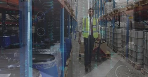 Image of data processing over caucasian woman in server room Stock Photos