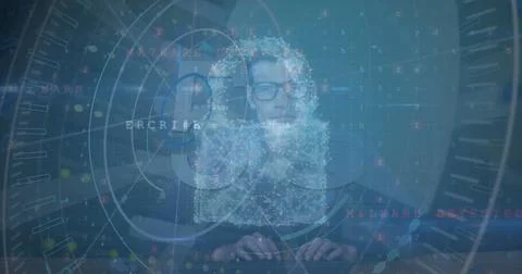 Image of data processing over caucasian man and 5g text Foto stock