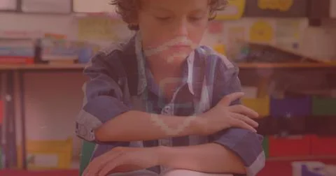 Image of data processing over caucasian schoolboy learning 写真素材