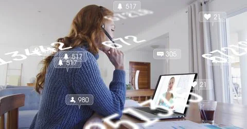 Image of data processing over caucasian businesswoman having image call with Stockfoto's