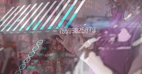 Image of data processing over caucasian teacher with diverse schoolchildren Foto stock