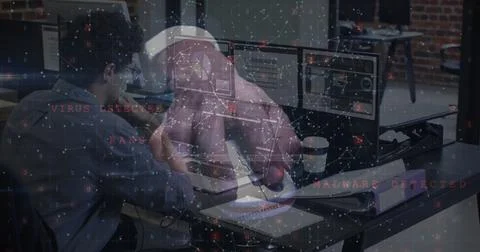 Image of data processing over caucasian businessman using computer Stock Photos