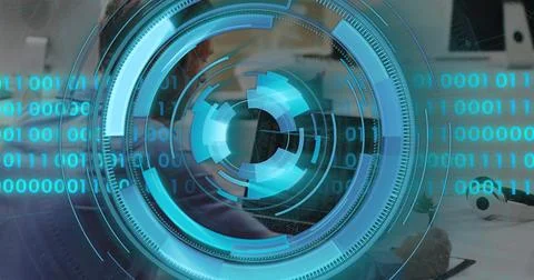 Image of data processing over caucasian businessman using laptop Photos
