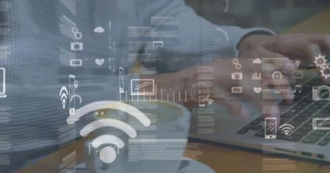 Image of data processing over caucasian man using laptop Foto stock