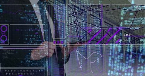 Image of data processing over caucasian businessman in server room Stockfoto's