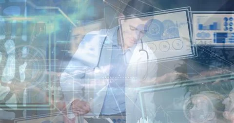 Image of data processing over caucasian male doctor showing reports to mother Foto stock