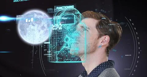 Image of data processing over caucasian man and moon 스톡 사진