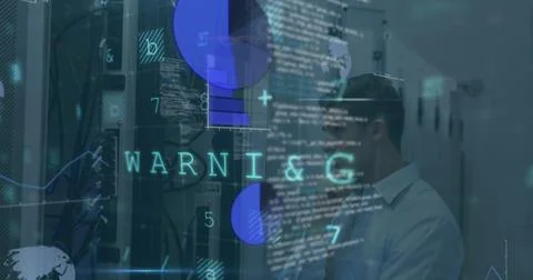 Image of data processing over caucasian male worker in server room Foto stock
