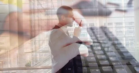 Image of data processing over caucasian man working in warehouse 스톡 사진