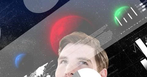 Image of data processing over caucasian man and planets Stock Photos