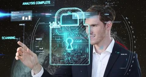 Image of data processing over caucasian man and moon Stock Photos