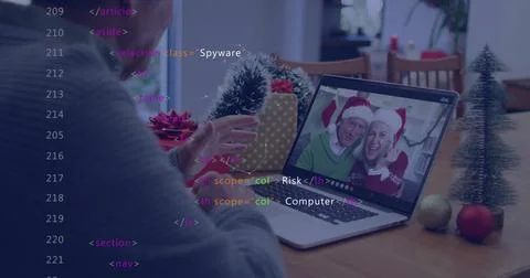 Image of data processing over caucasian man having christmas image call with Stock Photos
