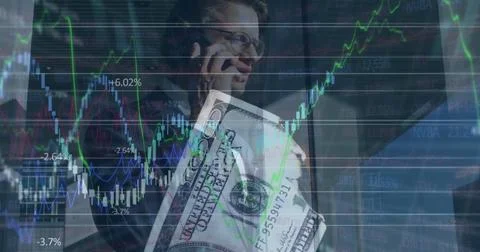 Image of data processing over caucasian businessman using smartphone Stock Photos