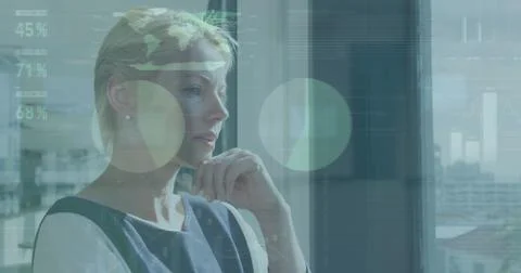 Image of data processing over caucasian businesswoman in office Stock Photos