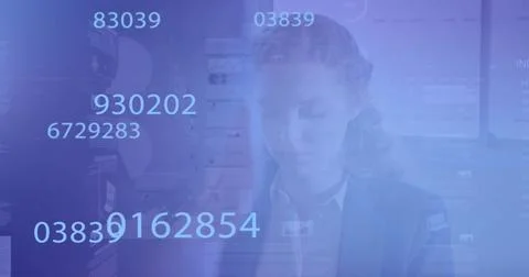 Image of data processing over caucasian businesswoman working with colleague in Stock Photos