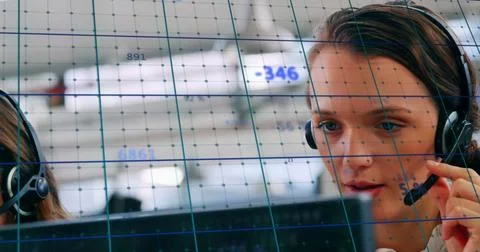 Image of data processing over caucasian business people in office Stock Photos